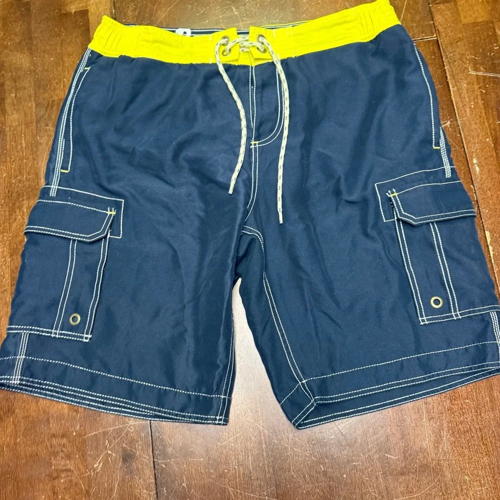 Boden Board Shorts Mens 34 Navy Blue Yellow Contrast‎ Stitch Cargo Swim Trunks